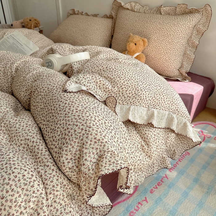 91家纺网 家纺一手货源 找家纺 2025新韩版花边全棉双层皱皱纱布四件套 紫鸢温柔