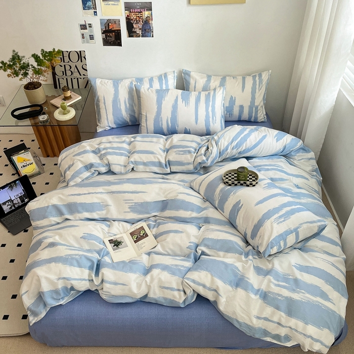 91家纺网 家纺一手货源 找家纺 吉象2025新款全棉印花北欧极简四件套系列 文艺蓝