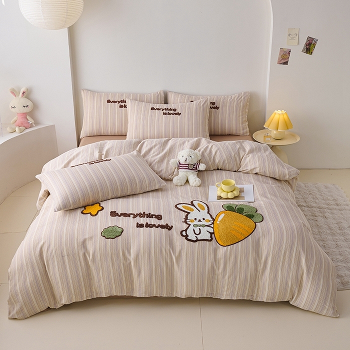 91家纺网 家纺一手货源 找家纺 爱思佳2025新款全棉双层纱毛巾绣系列四件套 萝卜兔