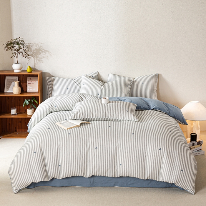 91家纺网 家纺一手货源 找家纺 2025新款全棉水洗棉双层纱印花四件套 悦吟-蓝