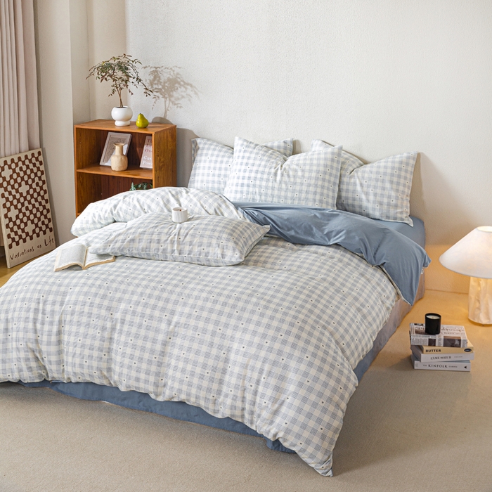 91家纺网 家纺一手货源 找家纺 2025新款全棉水洗棉双层纱印花四件套 伯克利-蓝