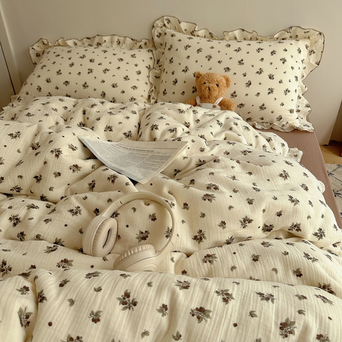 91家纺网 家纺一手货源 找家纺 2025新韩版花边全棉双层皱皱纱布四件套 清冷紫葡萄