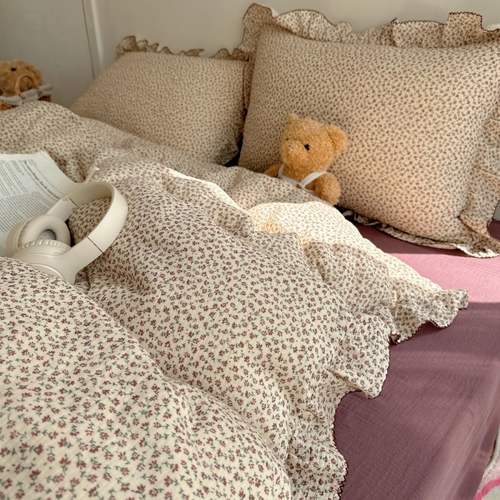 91家纺网 家纺一手货源 找家纺 2025新韩版花边全棉双层皱皱纱布四件套 紫鸢温柔