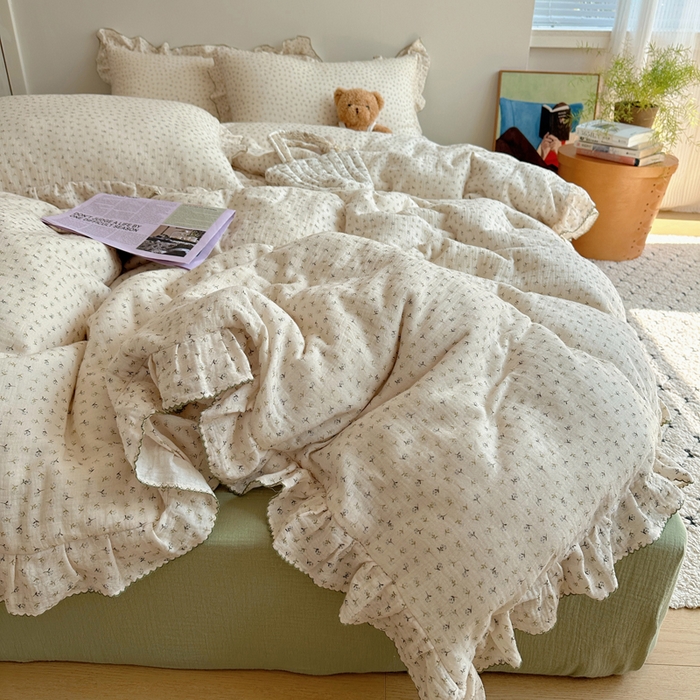 91家纺网 家纺一手货源 找家纺 （总）2025新韩版花边全棉双层皱皱纱布四件套