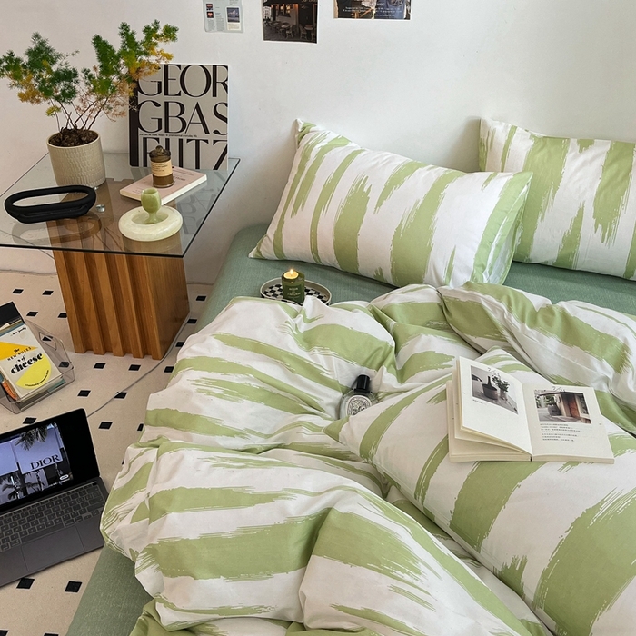 91家纺网 家纺一手货源 找家纺 吉象2025新款全棉印花北欧极简四件套系列 文艺绿