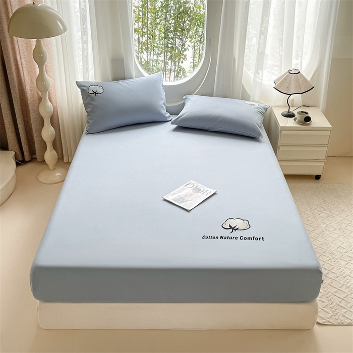 91家纺网 家纺一手货源 找家纺 布卢姆床垫 2025新款全棉烫画全棉老粗布床笠 棉朵-蓝灰