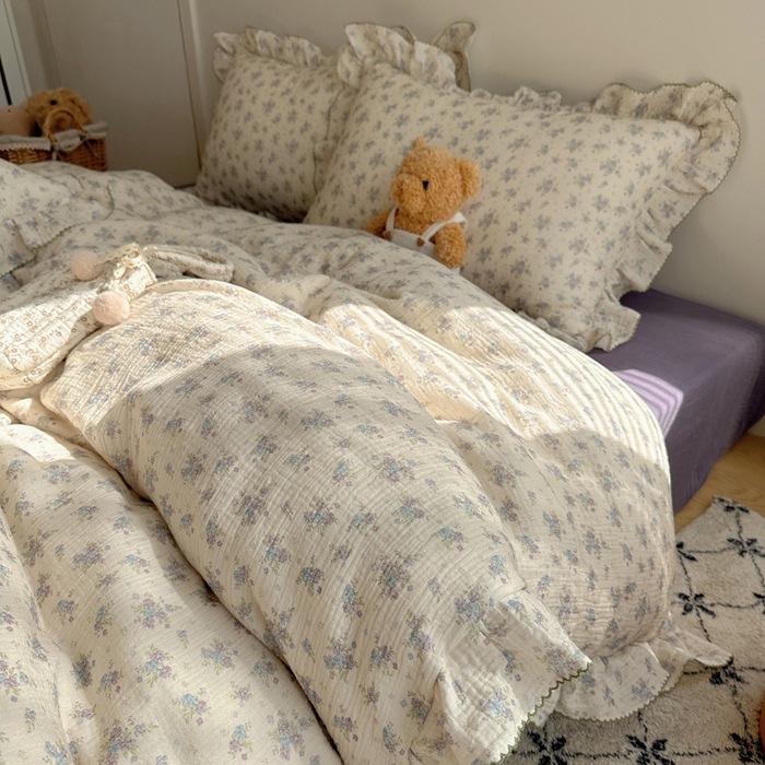 91家纺网 家纺一手货源 找家纺 2025新韩版花边全棉双层皱皱纱布四件套 怦然心动