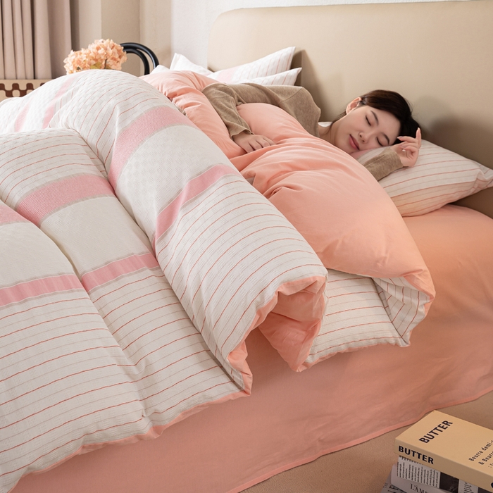 91家纺网 家纺一手货源 找家纺 九沐良品 2025新款全棉水洗棉提花四件套 简凝-粉