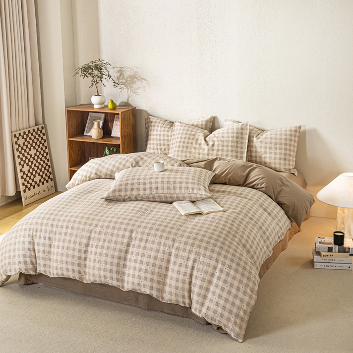 91家纺网 家纺一手货源 找家纺 2025新款全棉水洗棉双层纱印花四件套 伯克利-咖