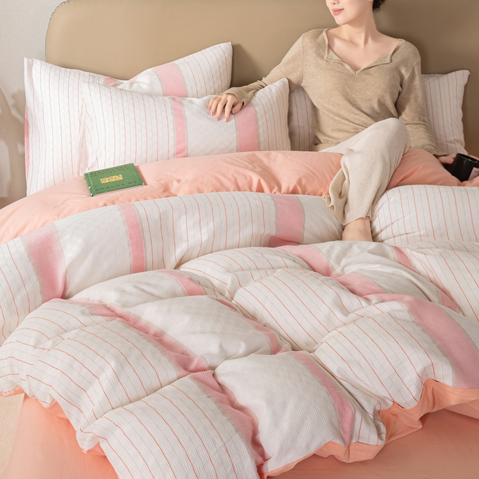 91家纺网 家纺一手货源 找家纺 九沐良品 2025新款全棉水洗棉提花四件套 简凝-粉