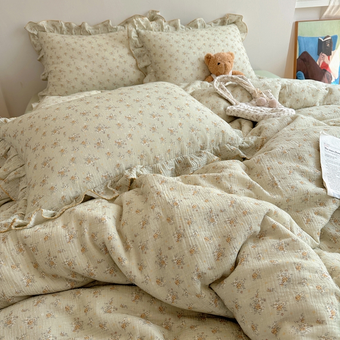 91家纺网 家纺一手货源 找家纺 2025新韩版花边全棉双层皱皱纱布四件套 花仙子