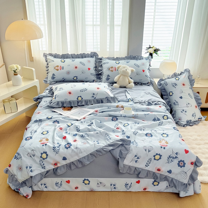 91家纺网 家纺一手货源 找家纺 找底底家纺 2025新款60S水洗天丝夏被夏凉被空调被床裙四件套 梦花田