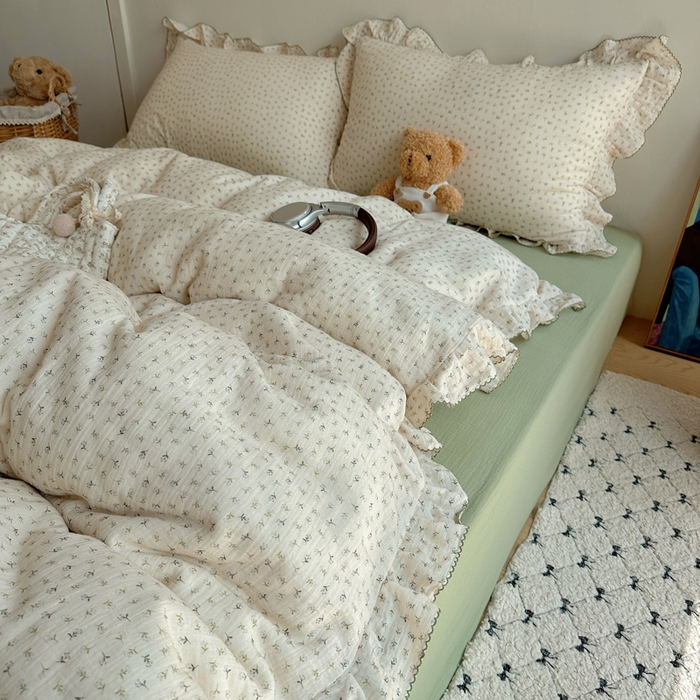 91家纺网 家纺一手货源 找家纺 2025新韩版花边全棉双层皱皱纱布四件套 清新奶盐