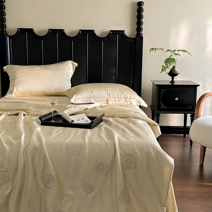 佳汐蓝家纺 2025新款60S奥地利LF兰精天丝刺绣夏被四件套-lady coco lady coco夏被·米杏