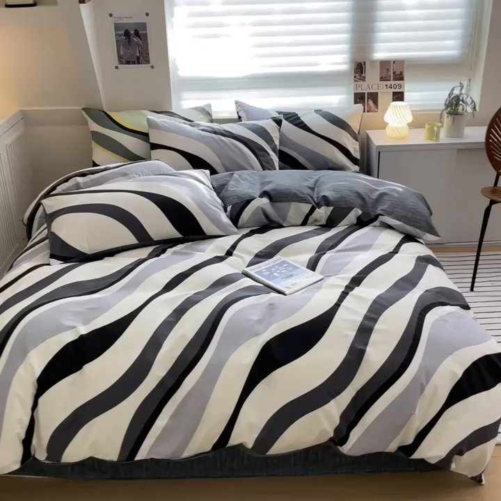 91家纺网 家纺一手货源 找家纺 吉象2025新款全棉印花北欧极简四件套系列 水墨画