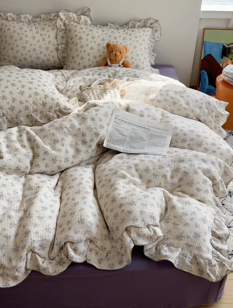 91家纺网 家纺一手货源 找家纺 2025新韩版花边全棉双层皱皱纱布四件套 怦然心动