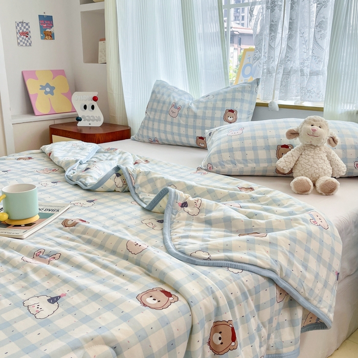 91家纺网 家纺一手货源 找家纺 葡萄家 2025新款A类母婴级大豆纤维牛奶丝针织棉夏凉被空调被-系列二 格子小熊