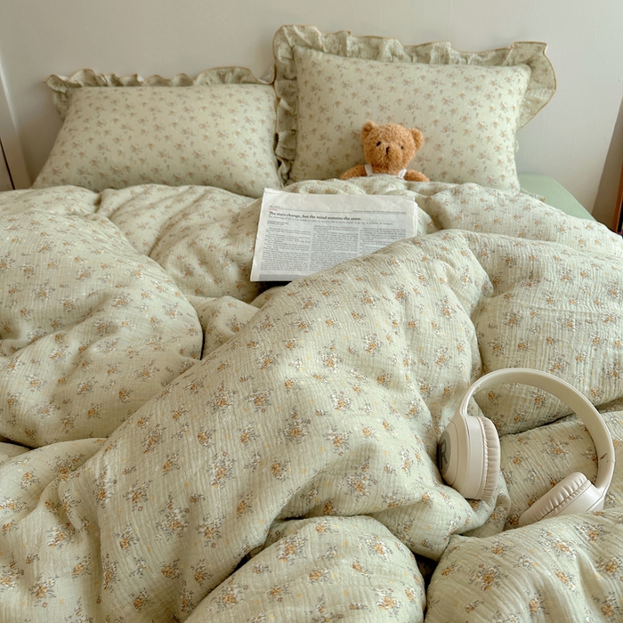 91家纺网 家纺一手货源 找家纺 2025新韩版花边全棉双层皱皱纱布四件套 花仙子