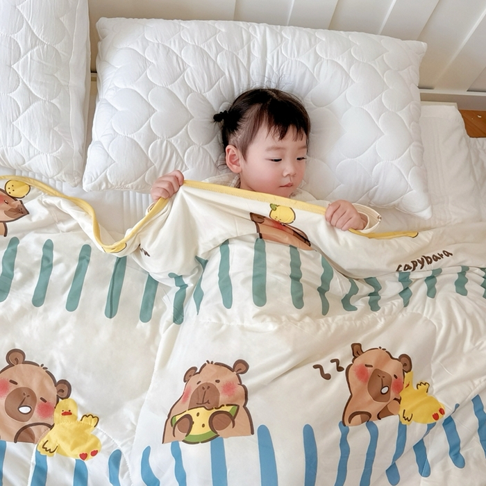 91家纺网 家纺一手货源 找家纺 兜米  2025夏季A类针织棉夏凉被小清新卡通双面针织棉空调被子被芯 卡皮八拉