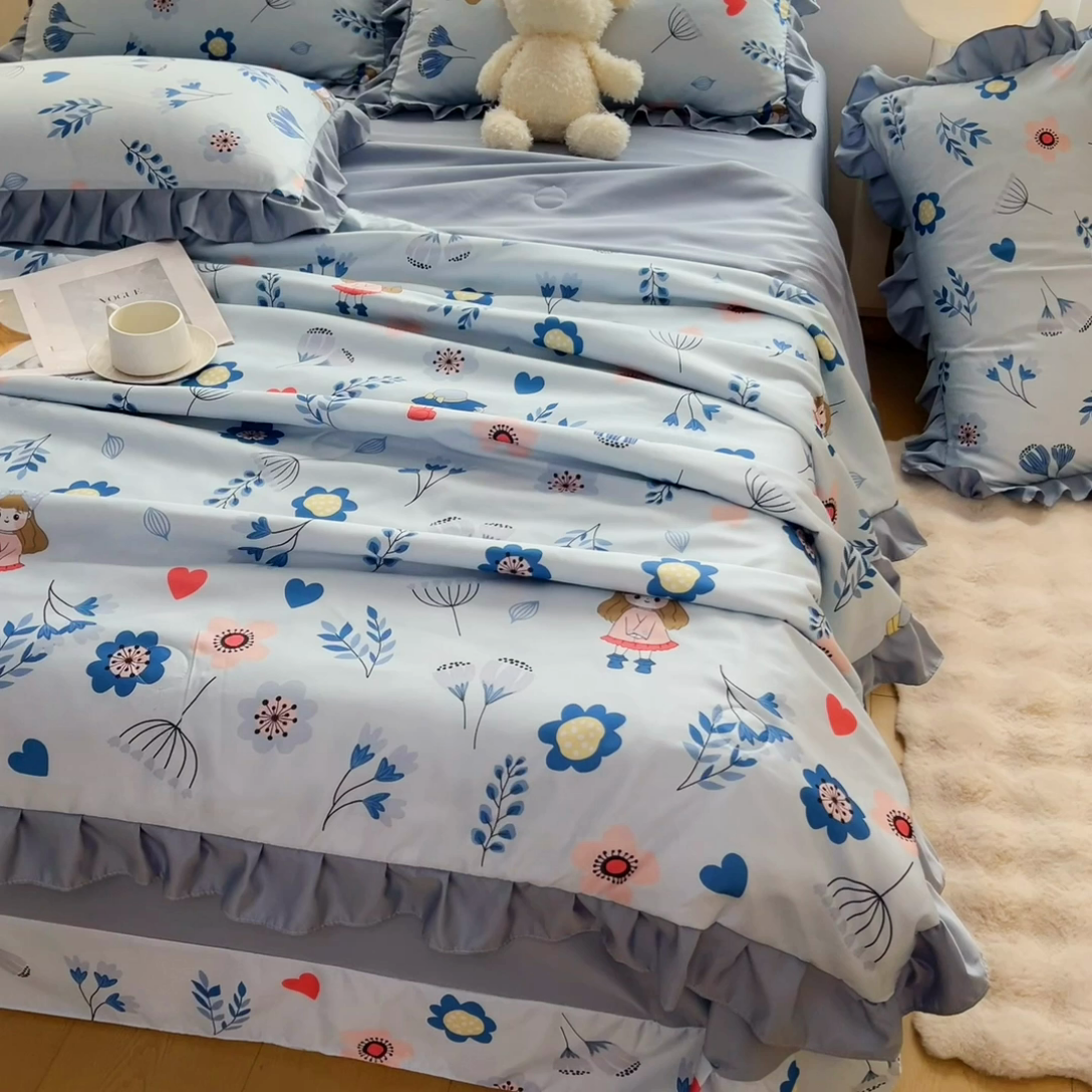 91家纺网 家纺一手货源 找家纺 找底底家纺 2025新款60S水洗天丝夏被夏凉被空调被床裙四件套 梦花田