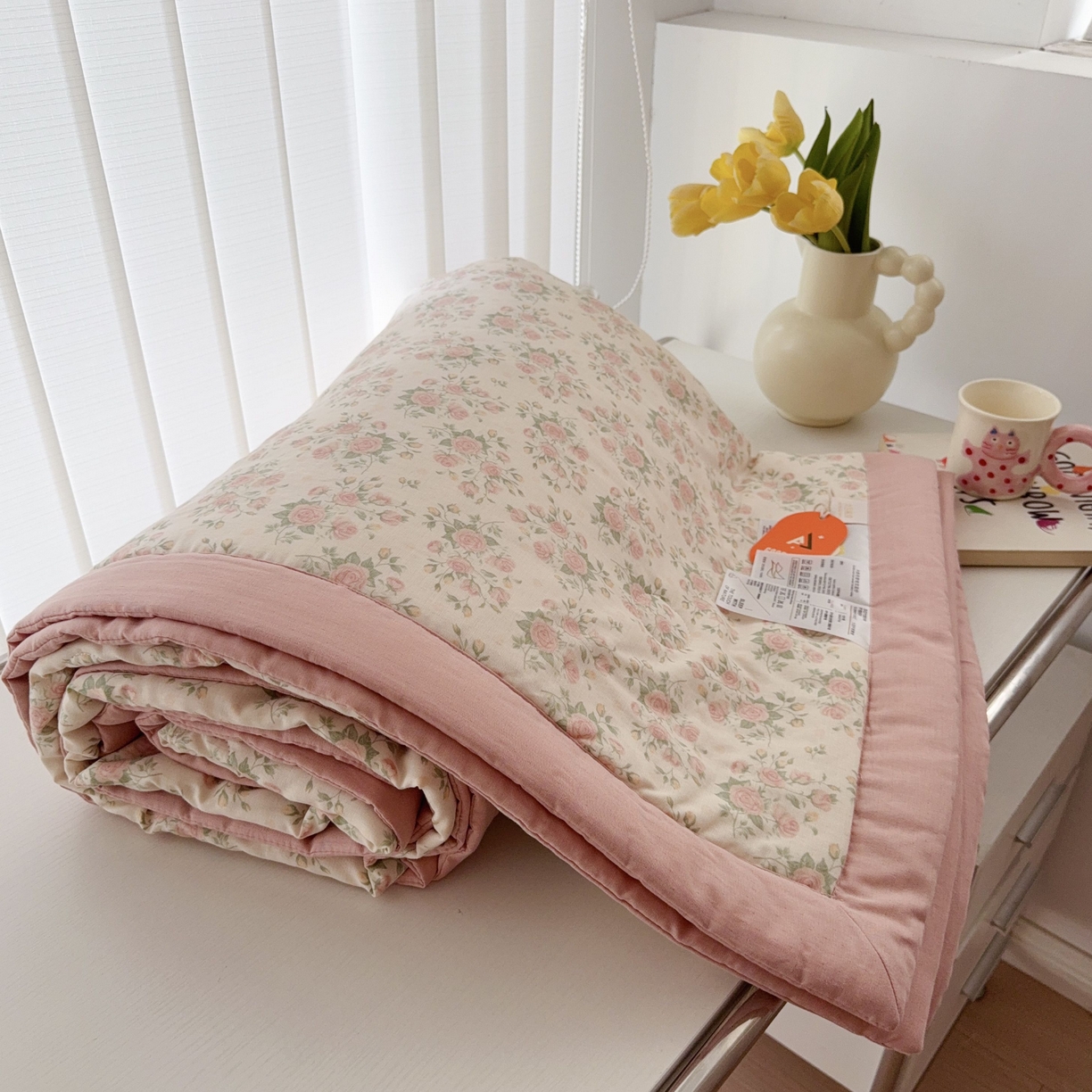 91家纺网 家纺一手货源 找家纺 于果 2025新款全棉双层纱夏被四件套 玫瑰米