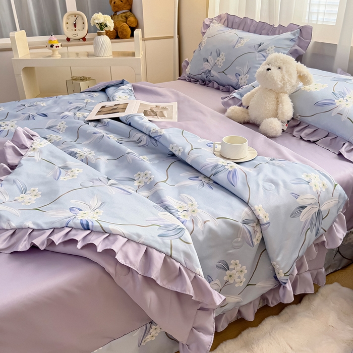 91家纺网 家纺一手货源 找家纺 找底底家纺 2025新款60S水洗天丝夏被夏凉被空调被床裙四件套 摇曳花香