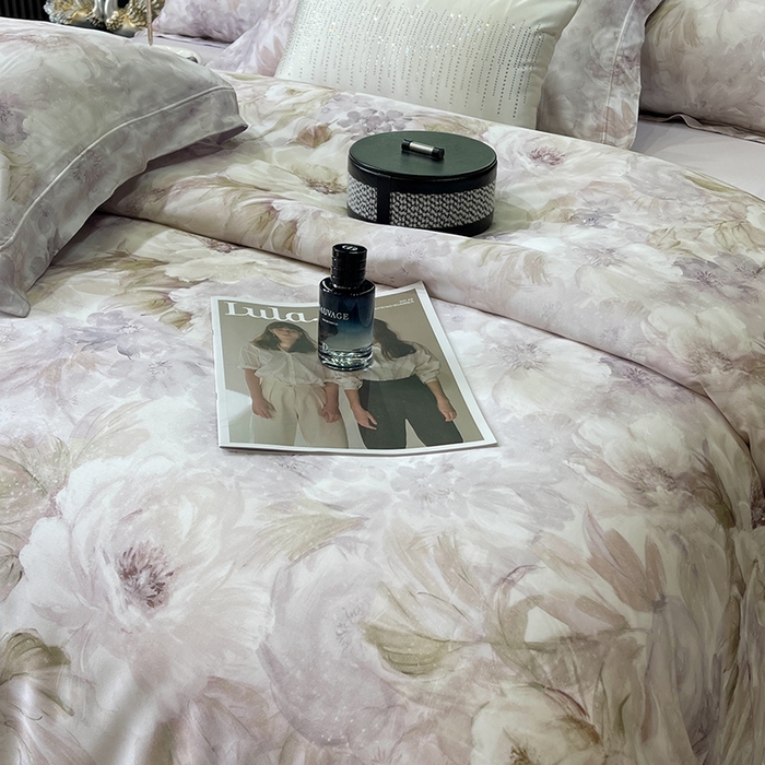 91家纺网 家纺一手货源 找家纺 莱豫2025新款50支莱赛尔天丝四件套 花影之恋紫