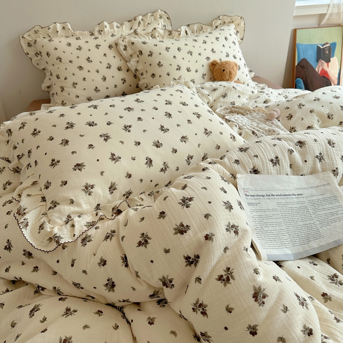 91家纺网 家纺一手货源 找家纺 2025新韩版花边全棉双层皱皱纱布四件套 清冷紫葡萄