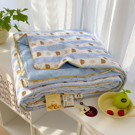 美派工厂店2025新款水洗邹邹纱夏被 小熊拉钩-蓝