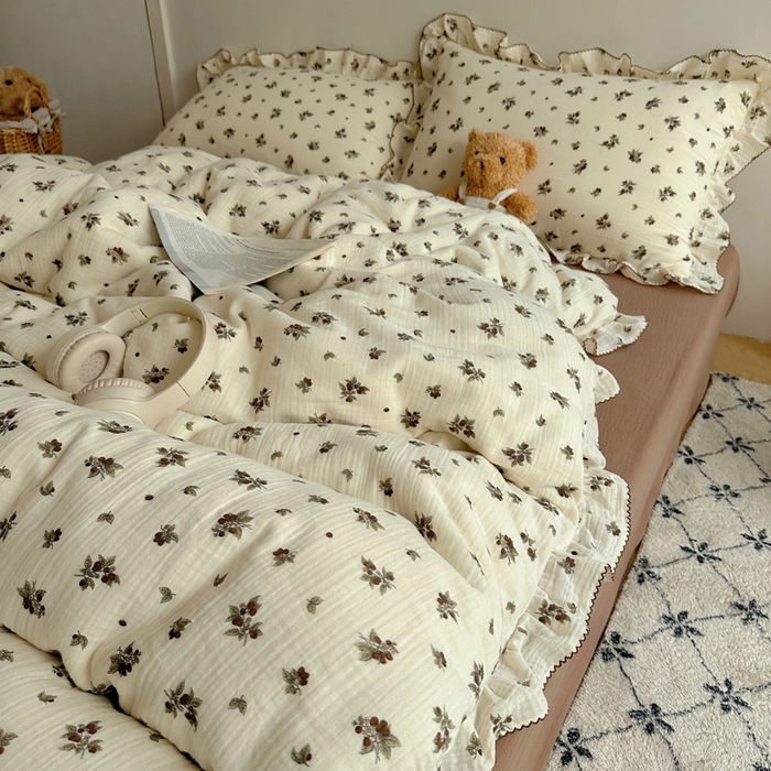 91家纺网 家纺一手货源 找家纺 2025新韩版花边全棉双层皱皱纱布四件套 清冷紫葡萄