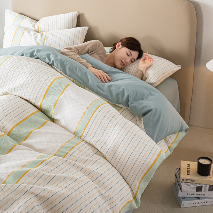 91家纺网 家纺一手货源 找家纺 九沐良品 2025新款全棉水洗棉提花四件套 简凝-湖兰