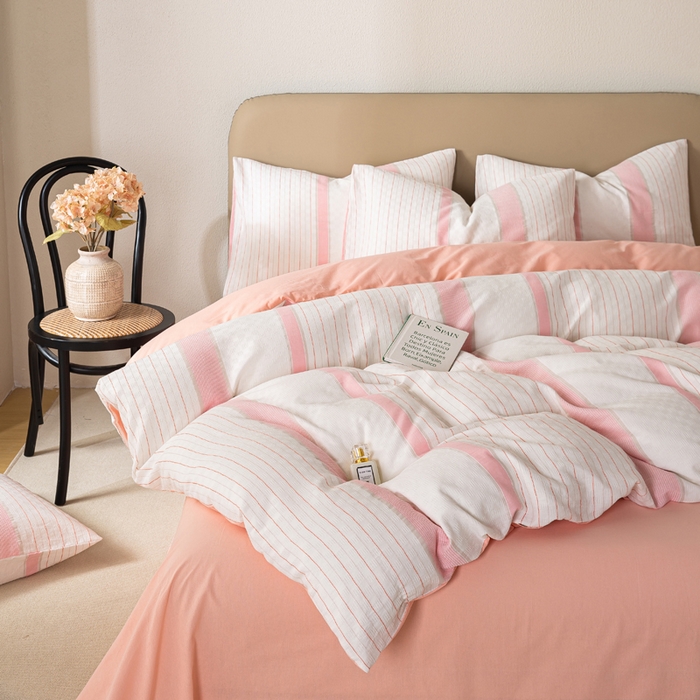 91家纺网 家纺一手货源 找家纺 九沐良品 2025新款全棉水洗棉提花四件套 简凝-粉