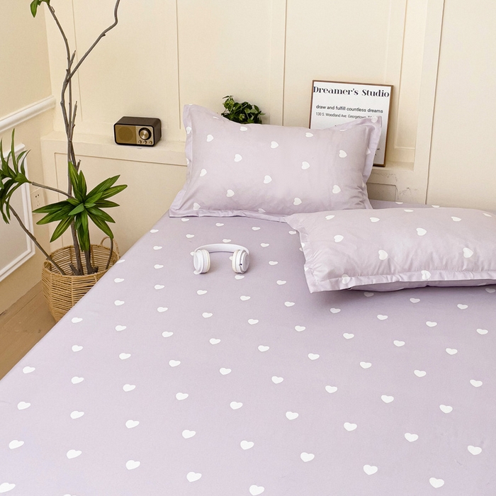 91家纺网 家纺一手货源 找家纺 朵朵家纺 2025新款亲肤棉芦荟棉床笠单床笠，磨毛床笠，印花床笠（可定制尺寸 ） 爱心紫