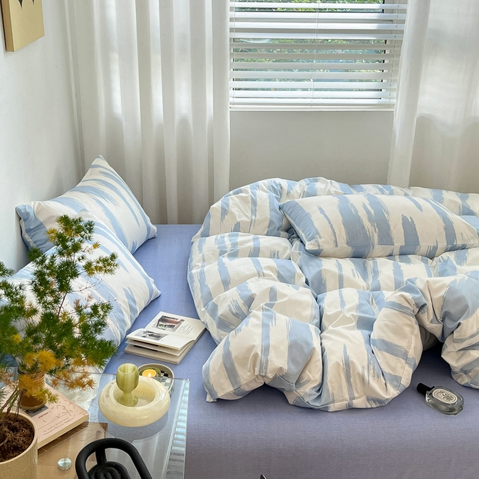 91家纺网 家纺一手货源 找家纺 吉象2025新款全棉印花北欧极简四件套系列 文艺蓝