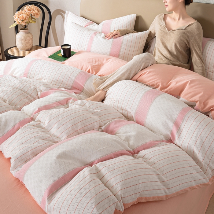 91家纺网 家纺一手货源 找家纺 九沐良品 2025新款全棉水洗棉提花四件套 简凝-粉