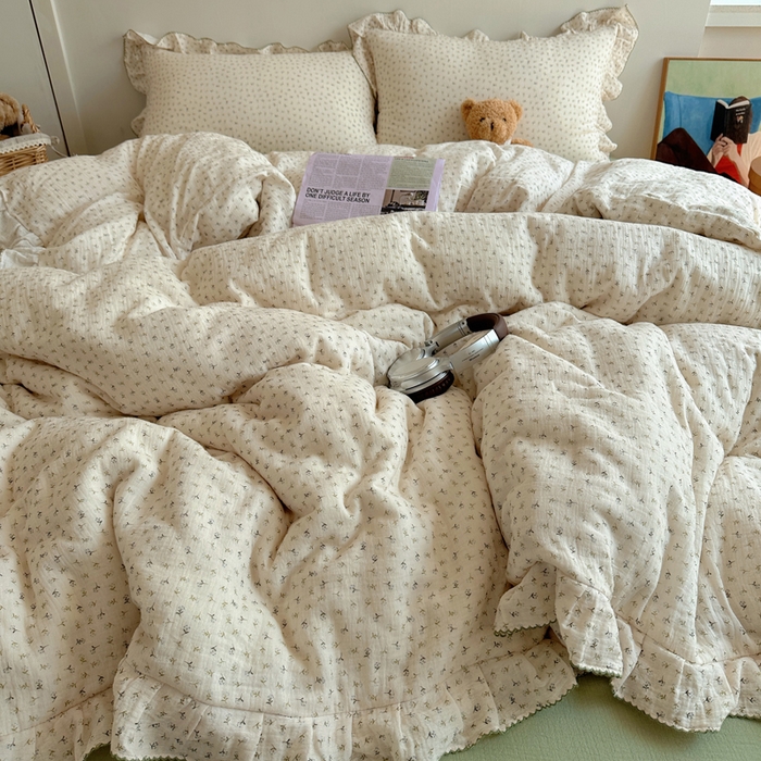 91家纺网 家纺一手货源 找家纺 2025新韩版花边全棉双层皱皱纱布四件套 清新奶盐