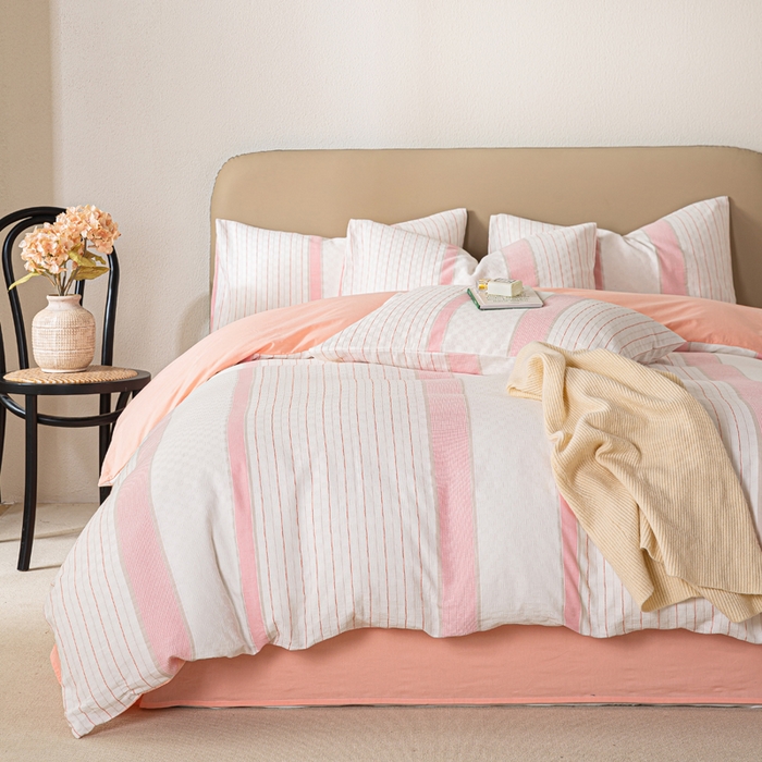 91家纺网 家纺一手货源 找家纺 九沐良品 2025新款全棉水洗棉提花四件套 简凝-粉