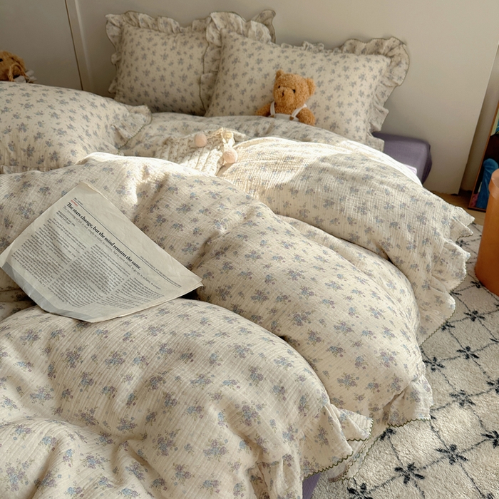 91家纺网 家纺一手货源 找家纺 2025新韩版花边全棉双层皱皱纱布四件套 怦然心动