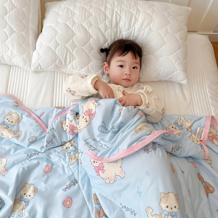 91家纺网 家纺一手货源 找家纺 兜米  2025夏季A类针织棉夏凉被小清新卡通双面针织棉空调被子被芯 宠物喵喵