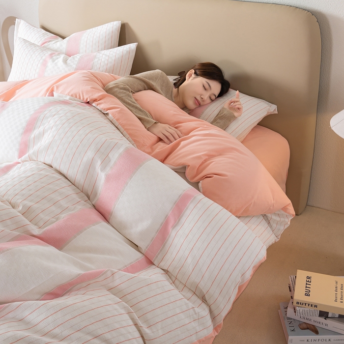 91家纺网 家纺一手货源 找家纺 九沐良品 2025新款全棉水洗棉提花四件套 简凝-粉