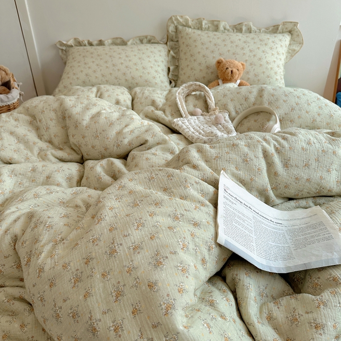 91家纺网 家纺一手货源 找家纺 2025新韩版花边全棉双层皱皱纱布四件套 花仙子