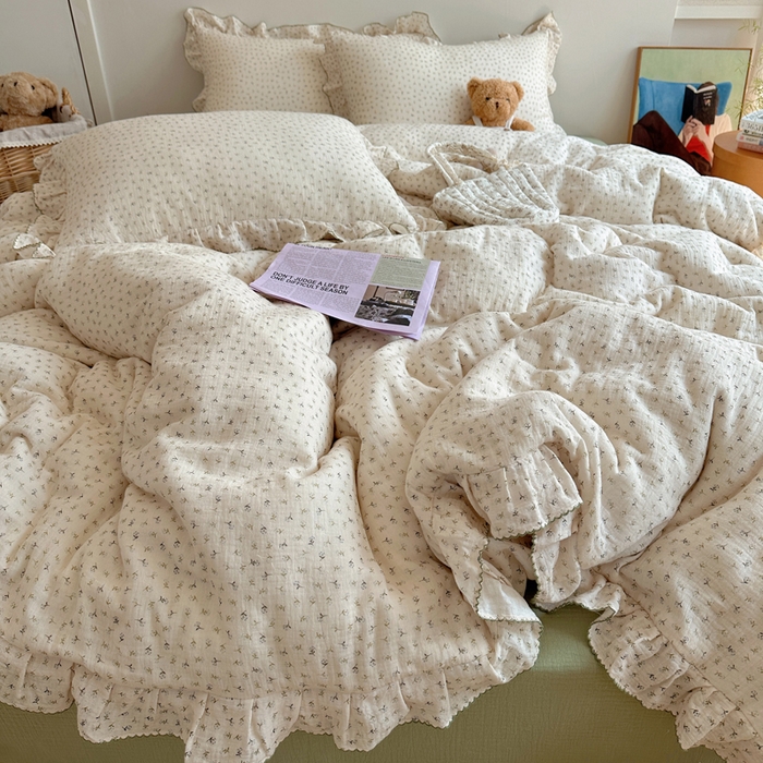 91家纺网 家纺一手货源 找家纺 （总）2025新韩版花边全棉双层皱皱纱布四件套