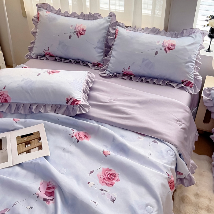 91家纺网 家纺一手货源 找家纺 找底底家纺 2025新款60S水洗天丝夏被夏凉被空调被床裙四件套 浪漫玫瑰