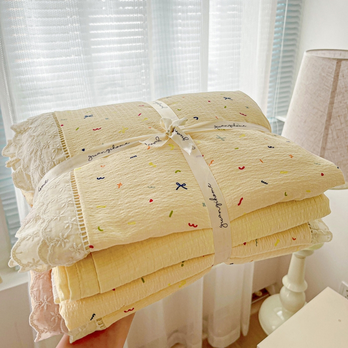 91家纺网 家纺一手货源 找家纺 一比一 2026新款云感皱皱双层纱四件套-全棉花边款【控价99元销售】 芝士奶酪