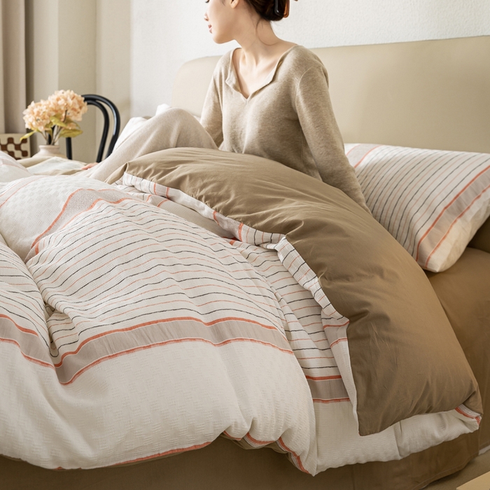 91家纺网 家纺一手货源 找家纺 九沐良品 2025新款全棉水洗棉提花四件套 简凝-卡其