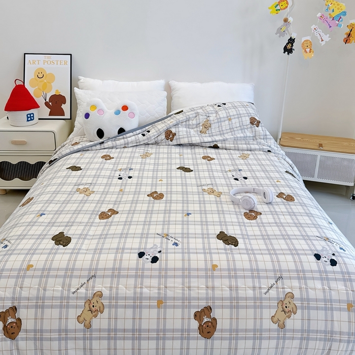 91家纺网 家纺一手货源 找家纺 兜米  2025夏季A类针织棉夏凉被小清新卡通双面针织棉空调被子被芯 格子狗