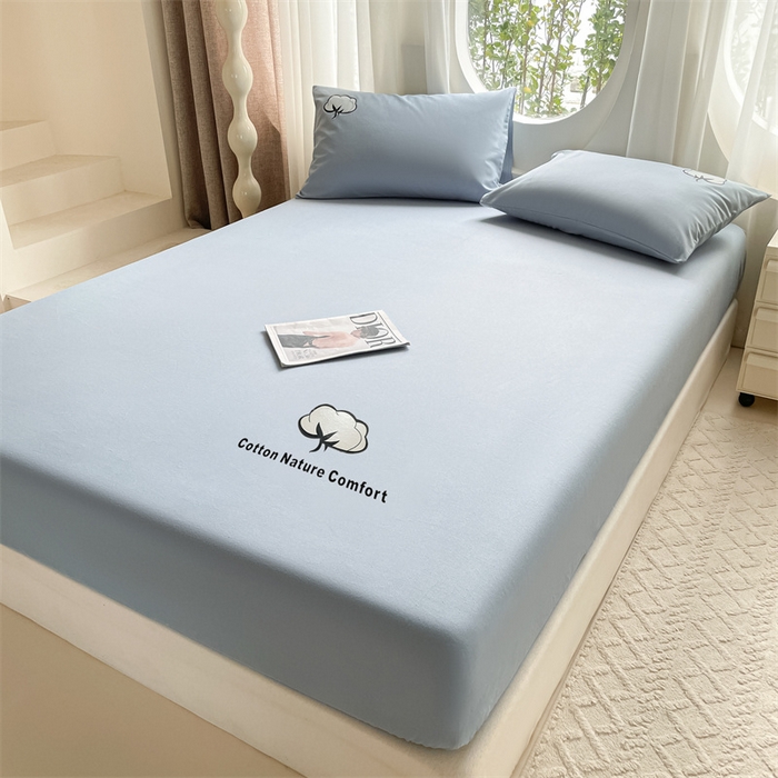 91家纺网 家纺一手货源 找家纺 布卢姆床垫 2025新款全棉烫画全棉老粗布床笠 棉朵-蓝灰