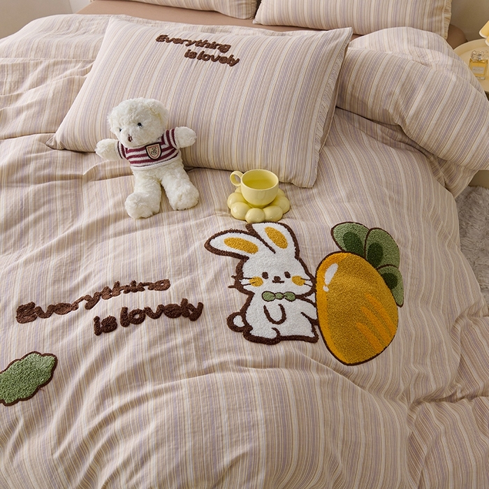 91家纺网 家纺一手货源 找家纺 爱思佳2025新款全棉双层纱毛巾绣系列四件套 萝卜兔