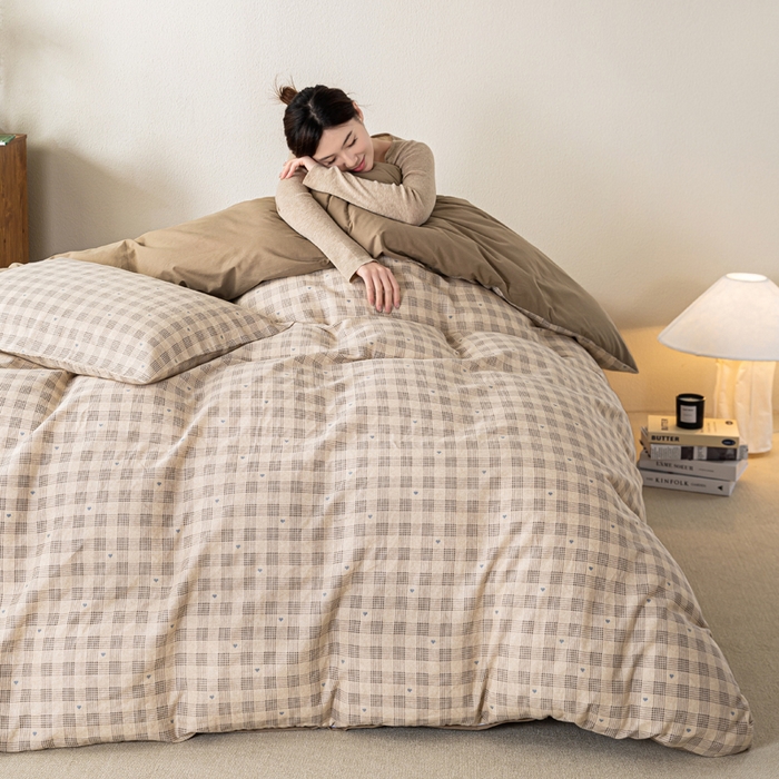 91家纺网 家纺一手货源 找家纺 2025新款全棉水洗棉双层纱印花四件套 伯克利-咖