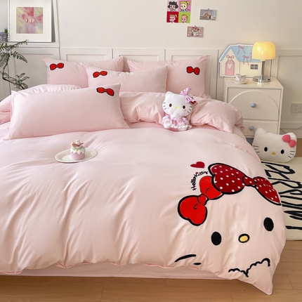 首尔2025新款云朵棉毛巾绣四件套 蝴蝶结猫-粉